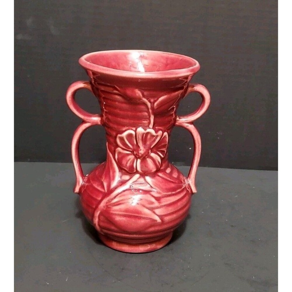 Shawnee Burgundy Double Handled Vase Red Flower Ribbed Art Pottery7.5" USA Vtg